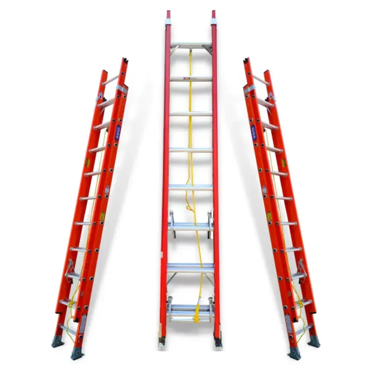 FYTEC ESCALERA TELESCOPICA REFORZADA DE FIBRA DE VIDRIO 32 PELDAÑOS + SOPORTE TIPO V + GANCHOS SUPERIORES